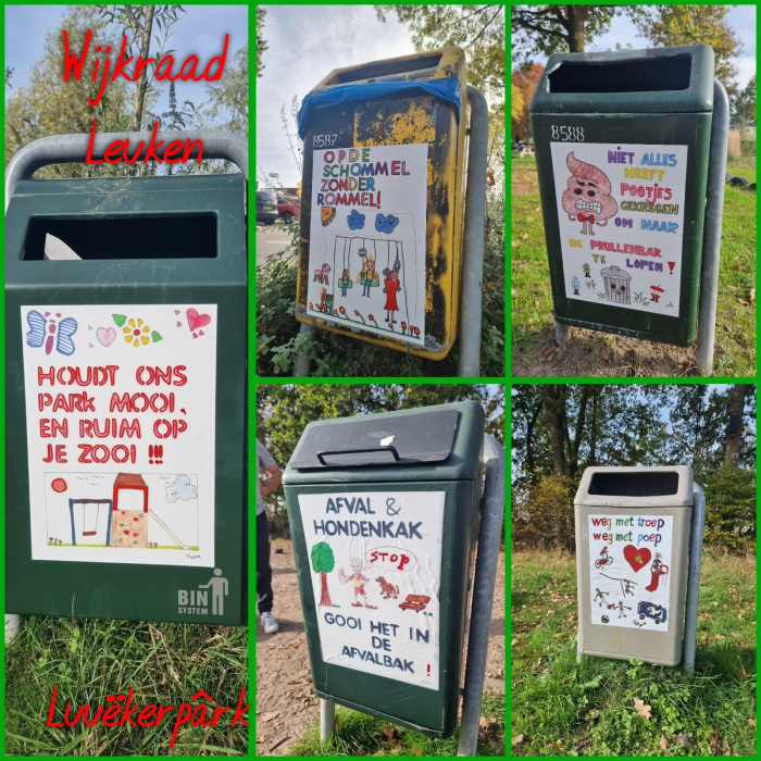Stickers op prullenbakker Leukerpark